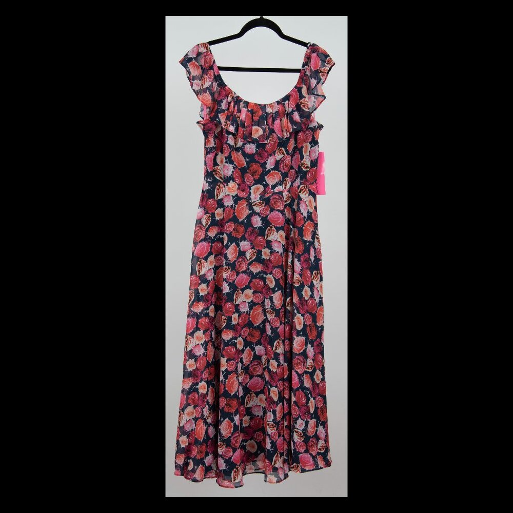 Betsey Johnson Navy Multicolor Floral Sleeveless Pleat Neck Maxi Dress Sz 14 NWT